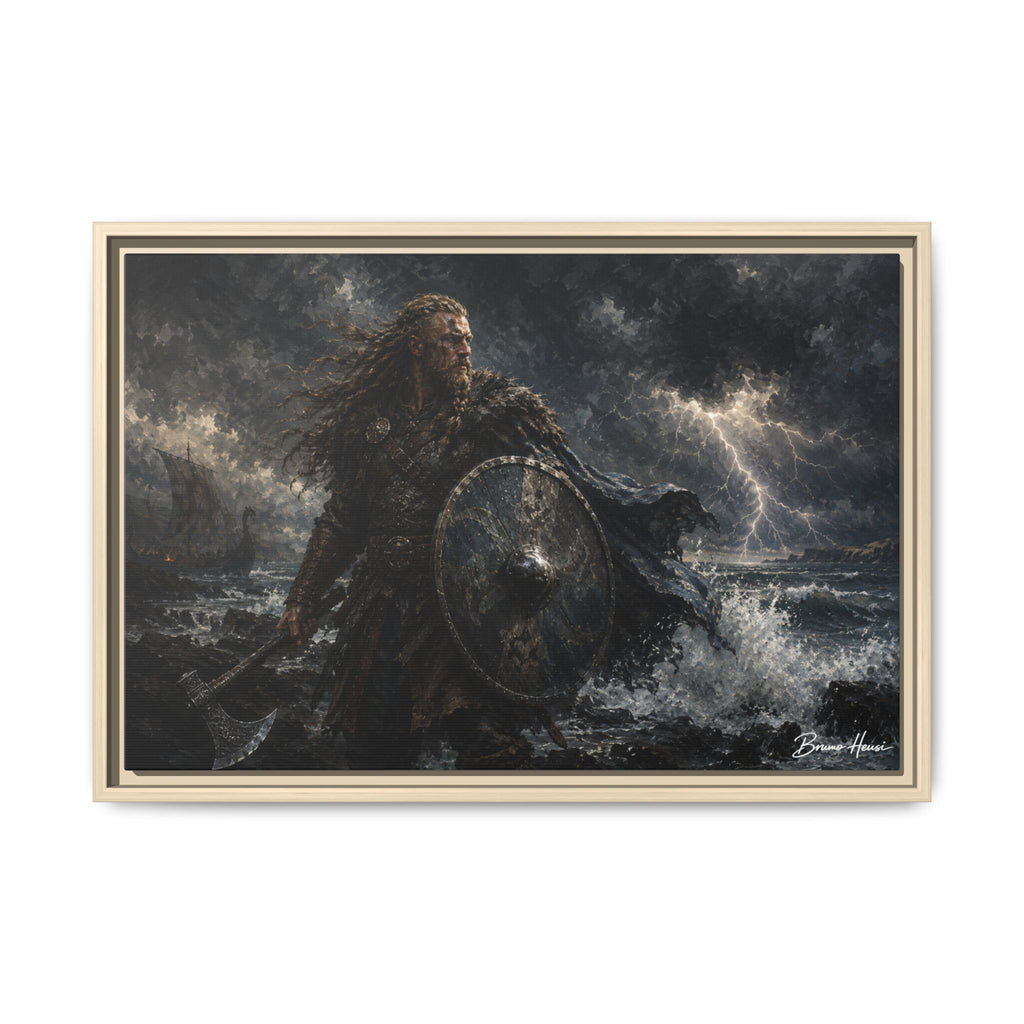 Viking Warrior Matte Framed Canvas Print — Stormy Norse Shield and Axe Wall Art