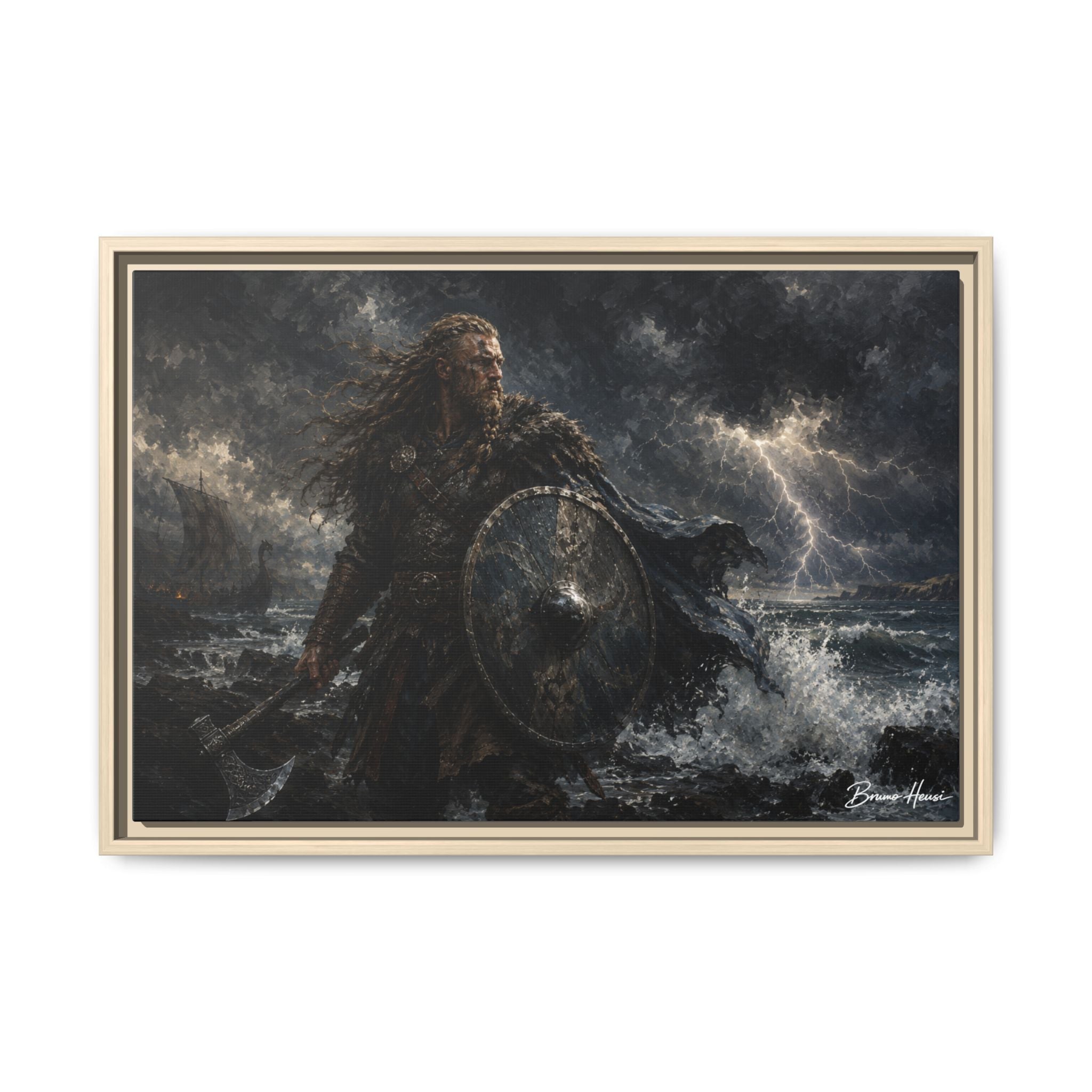 Viking Warrior Matte Framed Canvas Print — Stormy Norse Shield and Axe Wall Art