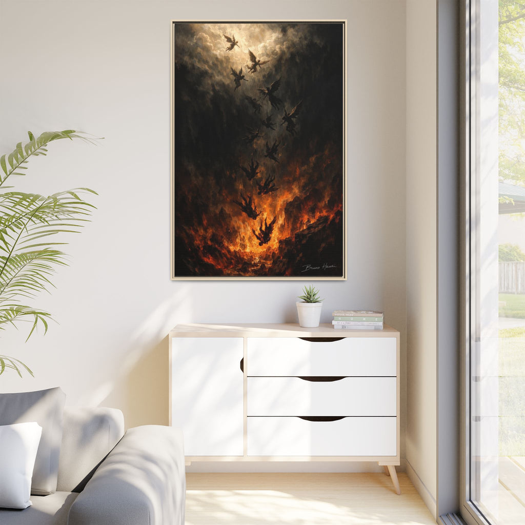 Falling Angels Matte Framed Canvas Print — Dark Fantasy Wall Art