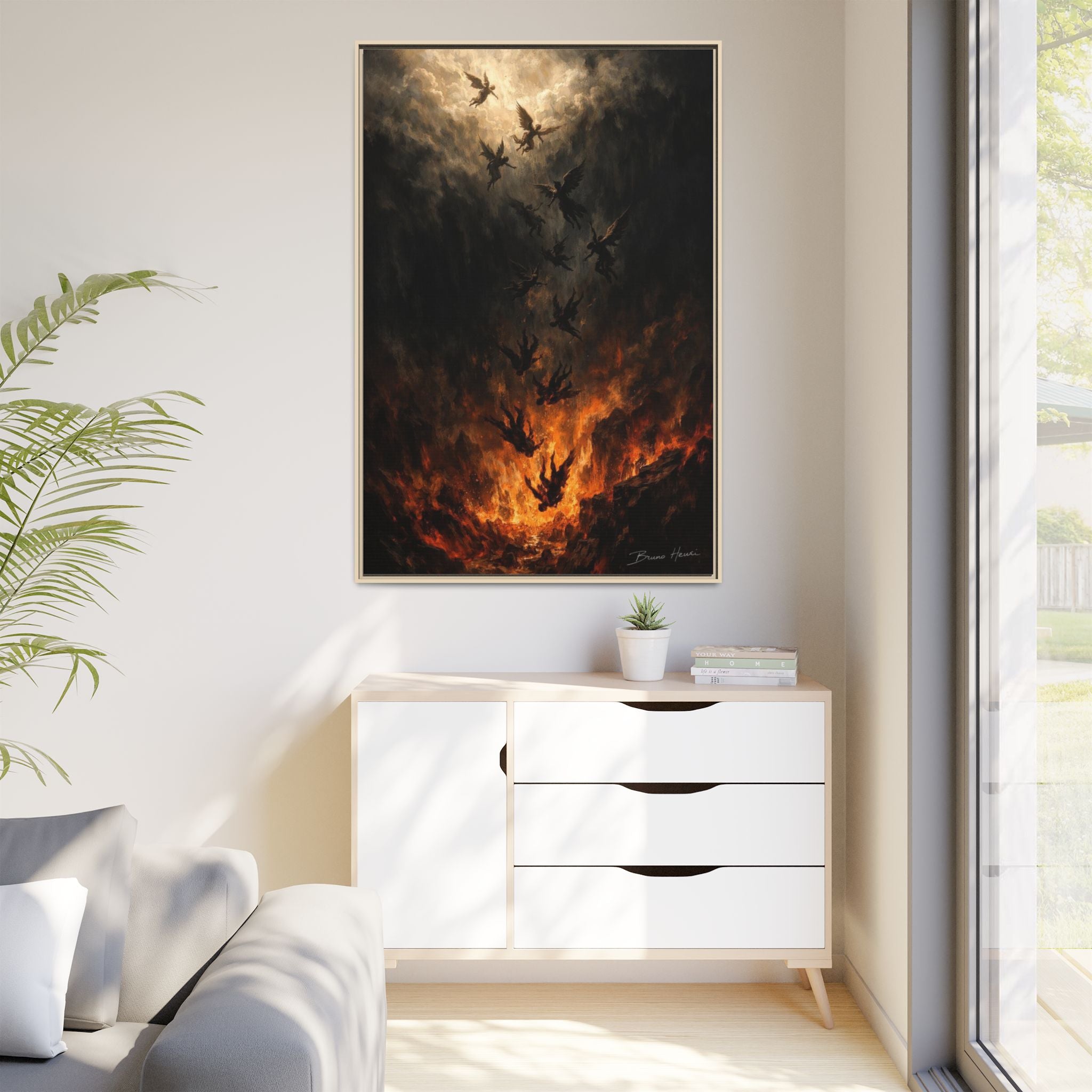 Falling Angels Matte Framed Canvas Print — Dark Fantasy Wall Art