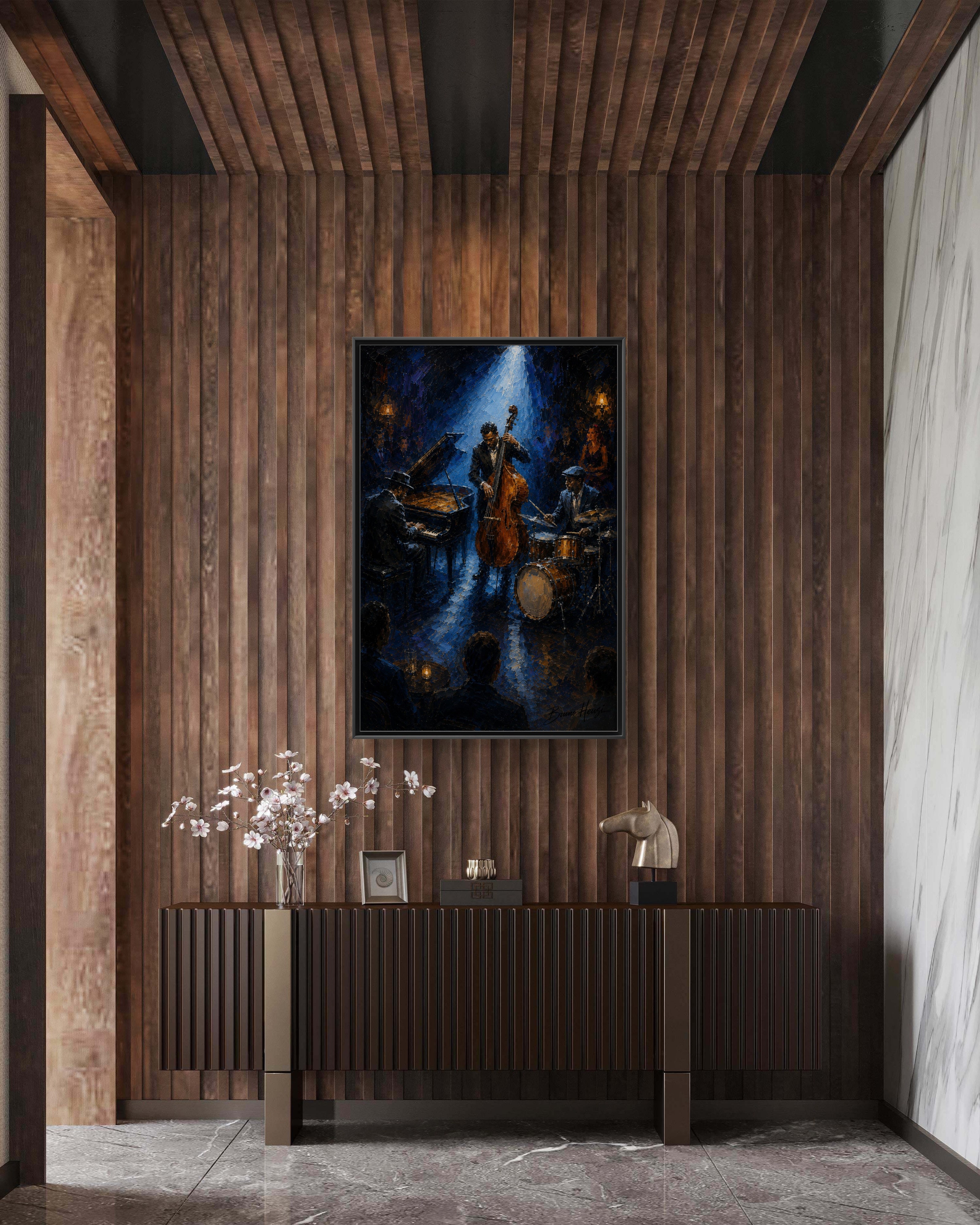 Framed Jazz Quartet Canvas Wall Art – Moody Blue Music Scene
