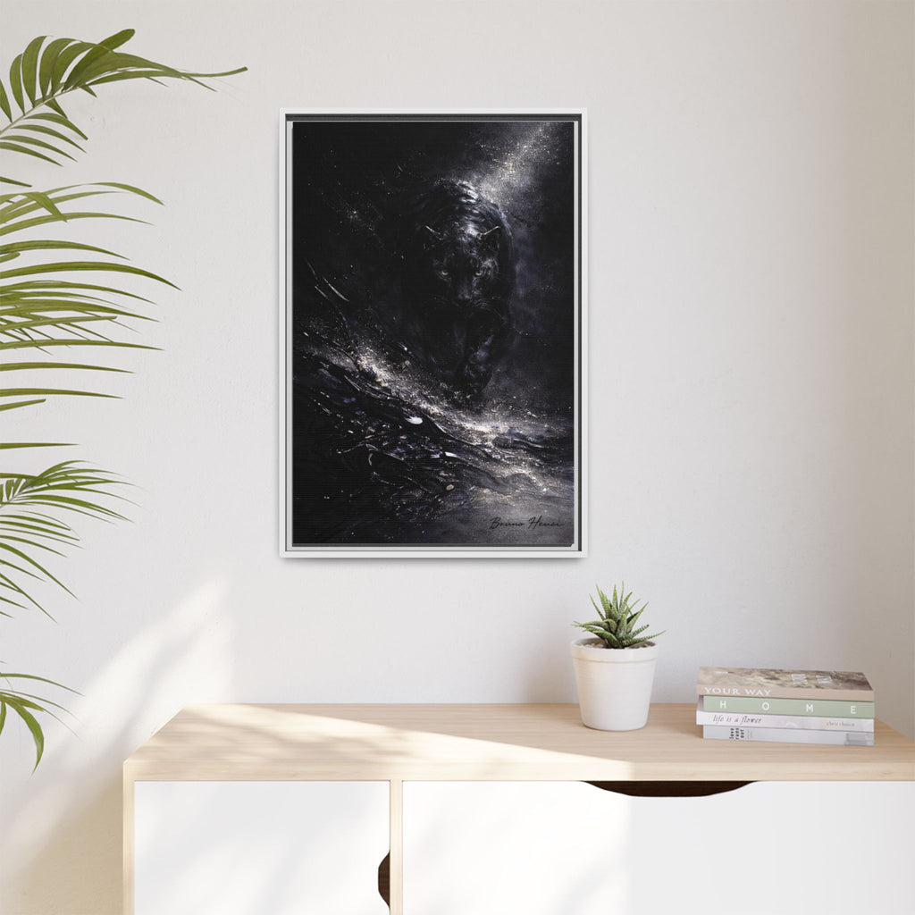 Cosmic Black Panther Matte Framed Canvas – Dark Abstract Wildlife Wall Art