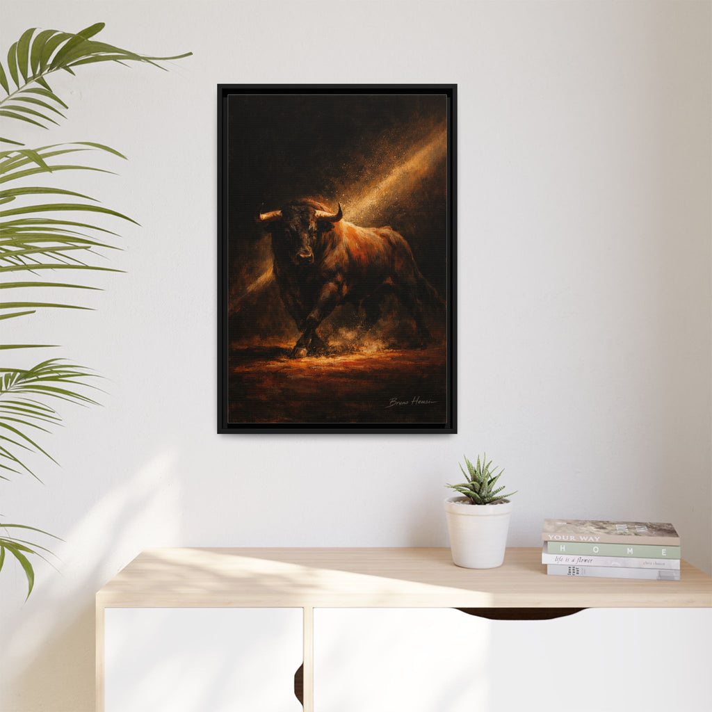 Framed Matte Canvas Art - Dramatic Charging Bull Painting
