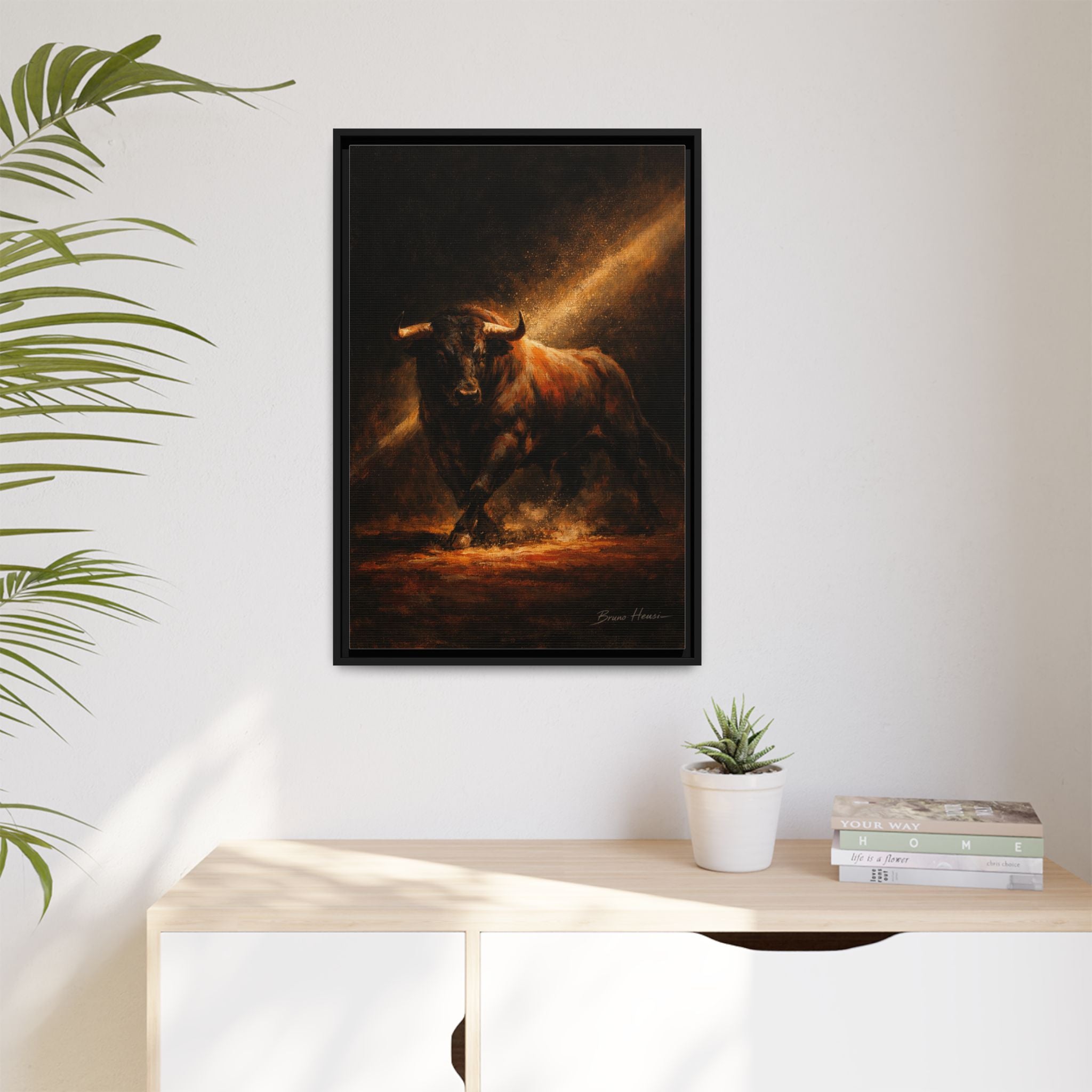 Framed Matte Canvas Art - Dramatic Charging Bull Painting