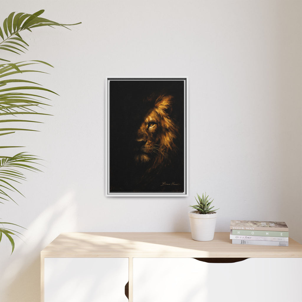 Majestic Lion Portrait Framed Canvas Wall Art — Golden Mane on Black Matte Print