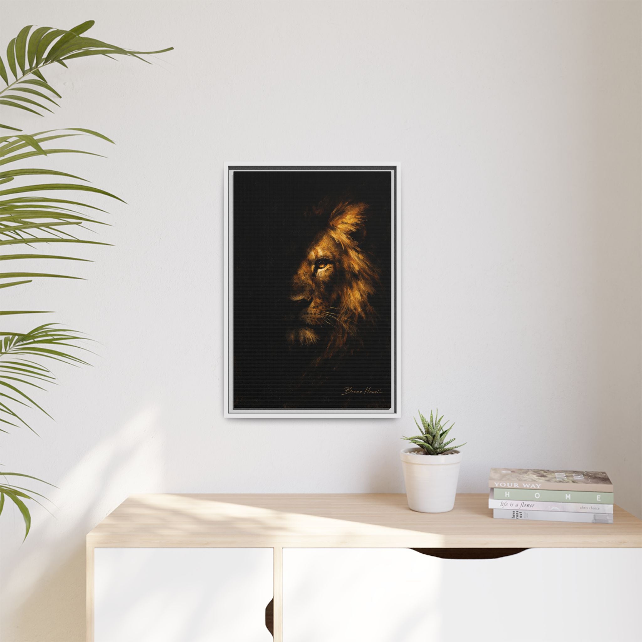 Majestic Lion Portrait Framed Canvas Wall Art — Golden Mane on Black Matte Print