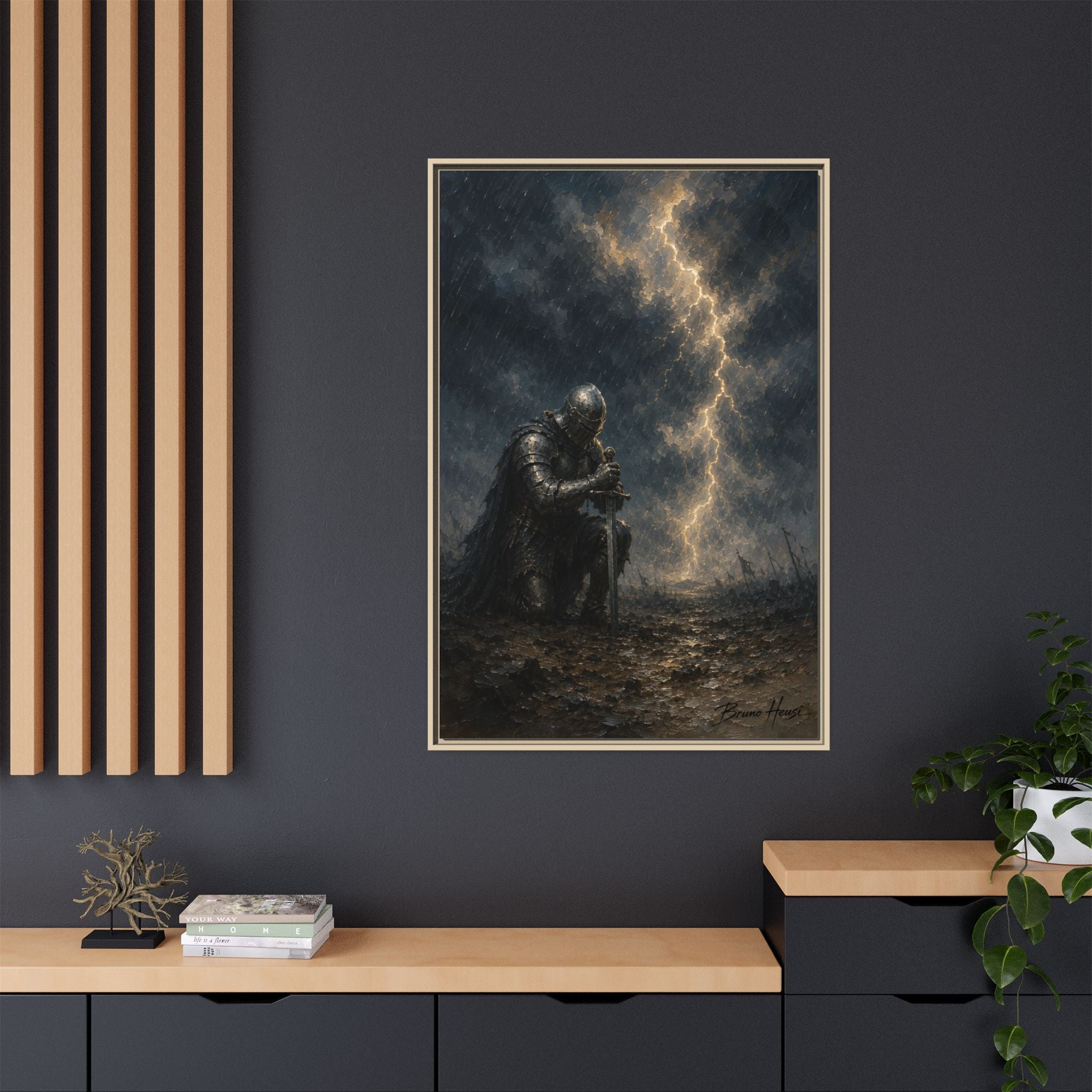 Knight in Thunderstorm Matte Framed Canvas — Dark Fantasy Wall Art