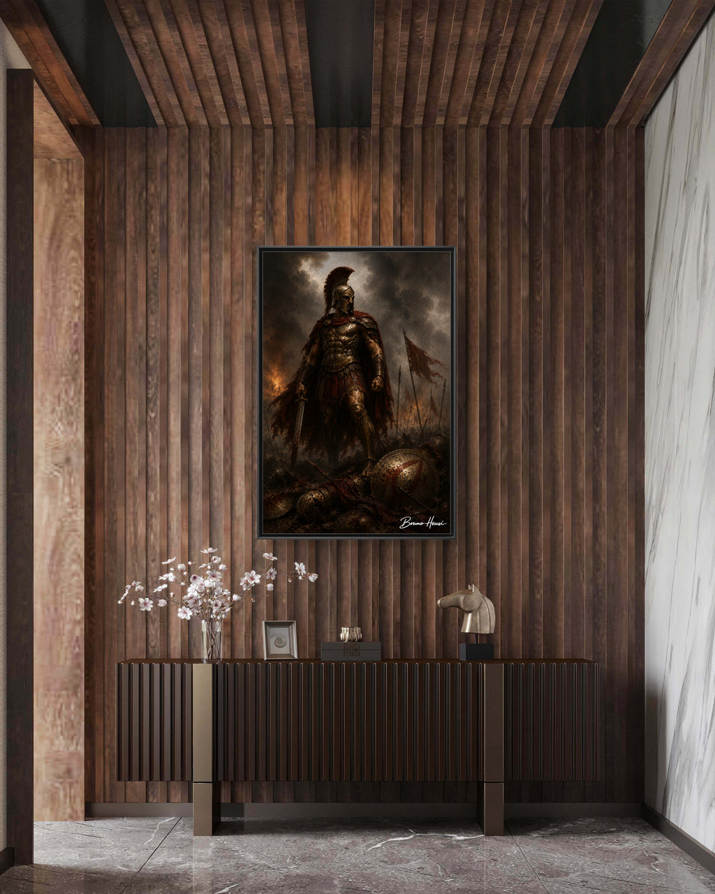 Framed Spartan Warrior Matte Canvas Print – Dramatic Ancient Battle Wall Art