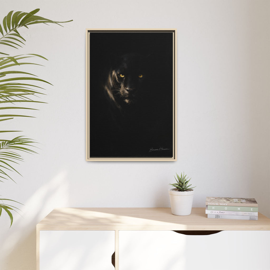 Framed Matte Canvas - Black Panther Wall Art with Golden Eyes
