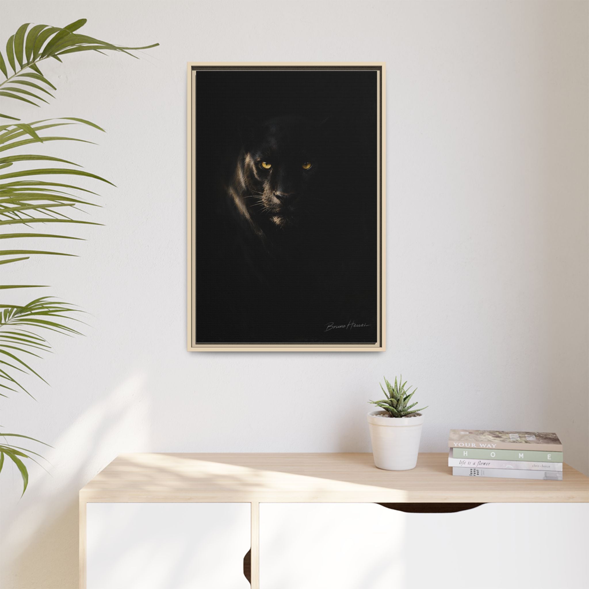 Framed Matte Canvas - Black Panther Wall Art with Golden Eyes