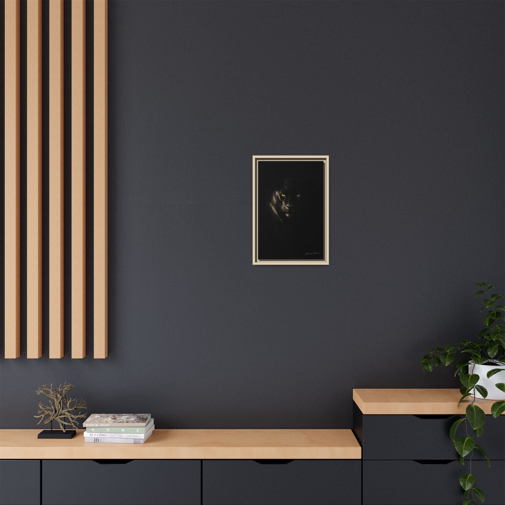 Framed Matte Canvas - Black Panther Wall Art with Golden Eyes