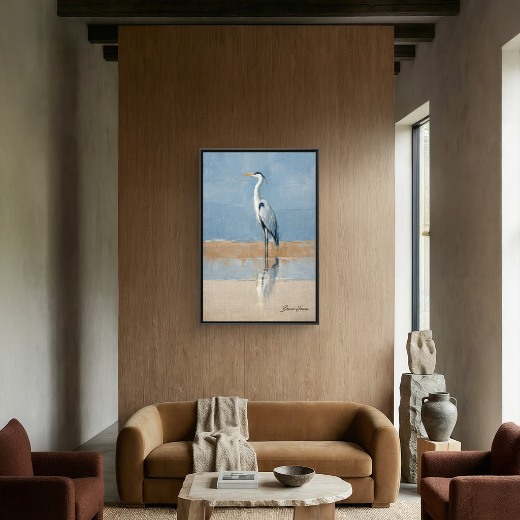 Framed Heron Canvas Art – Coastal Shorebird Wall Decor