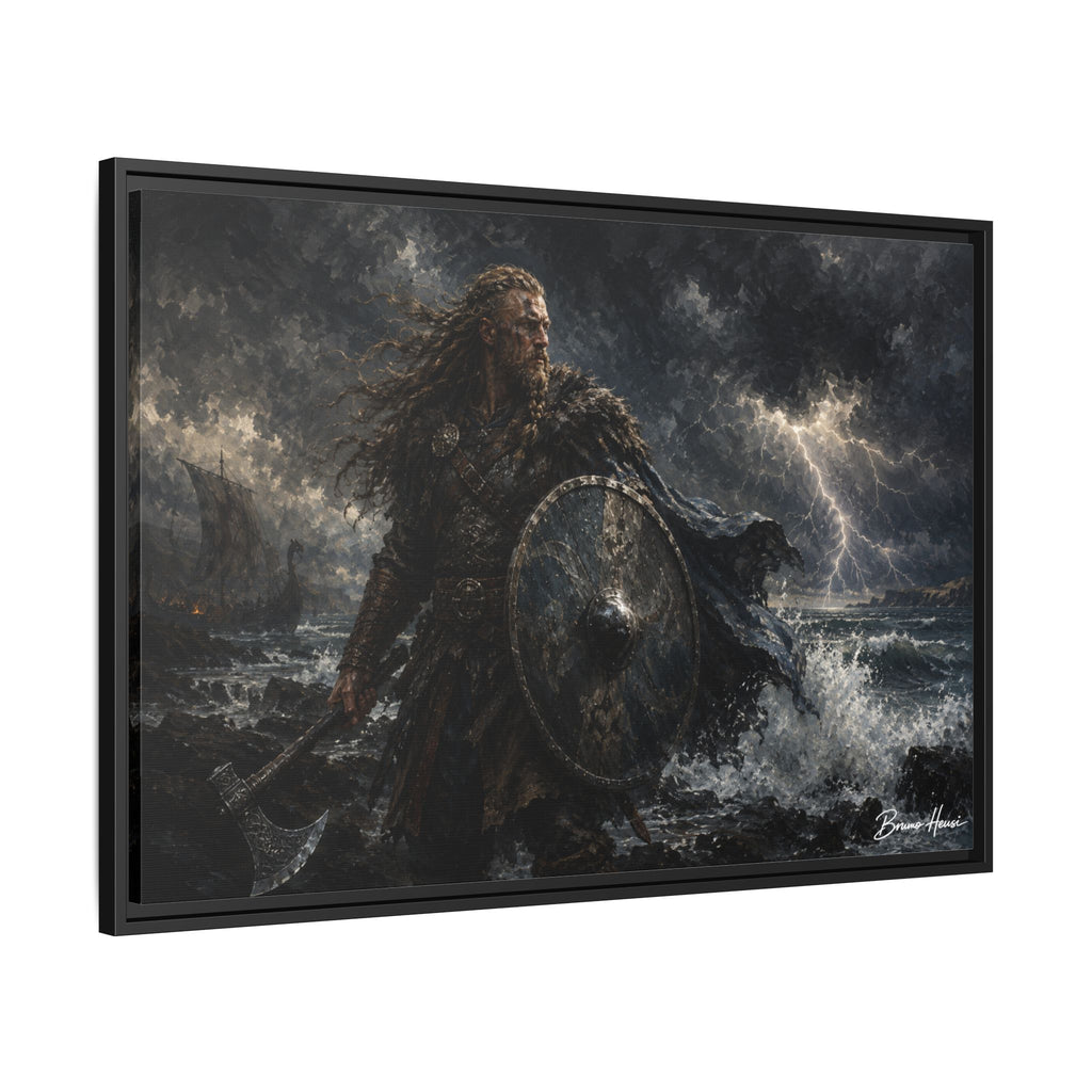 Viking Warrior Matte Framed Canvas Print — Stormy Norse Shield and Axe Wall Art