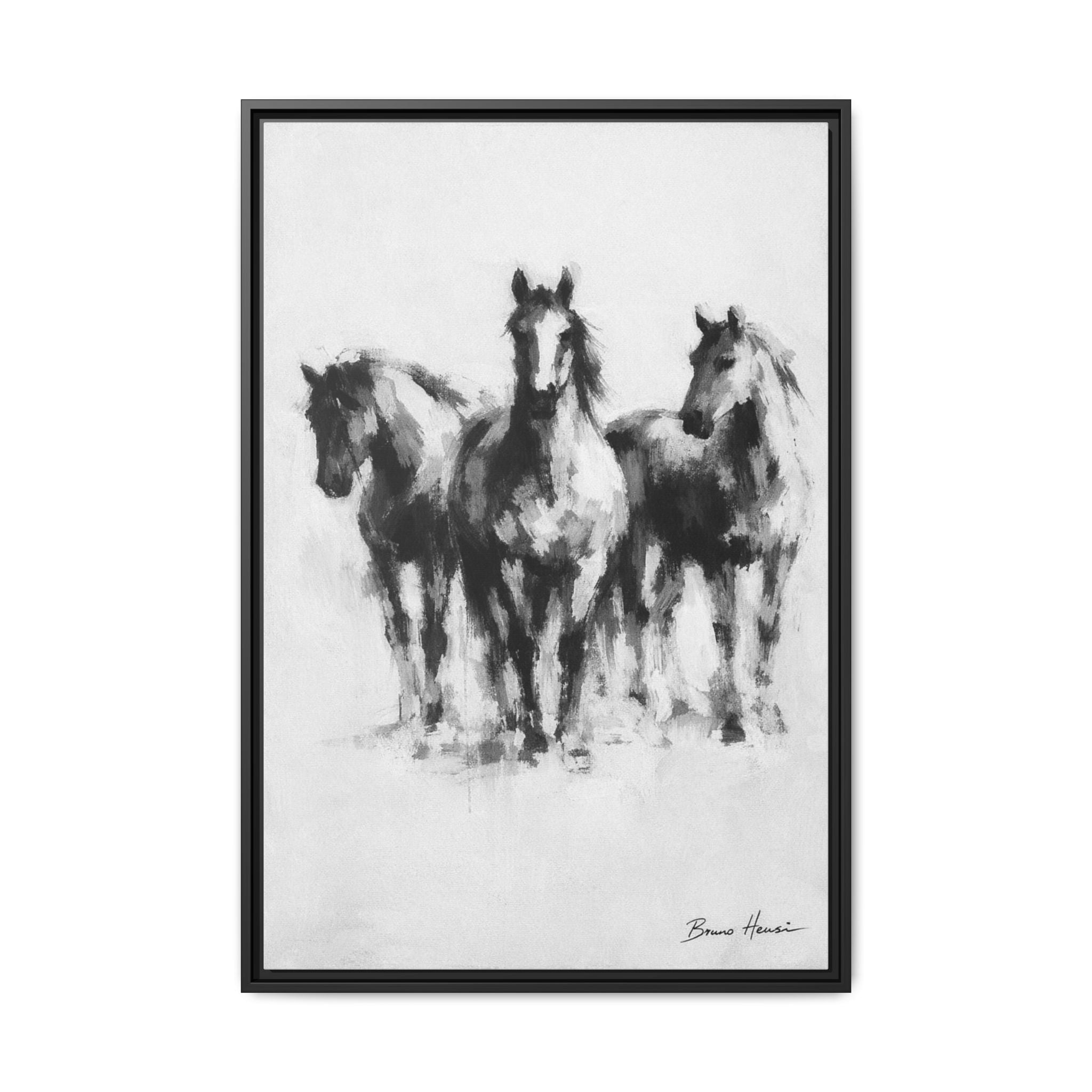 Framed Matte Canvas Print – Three Galloping Horses Black & White Wall Art