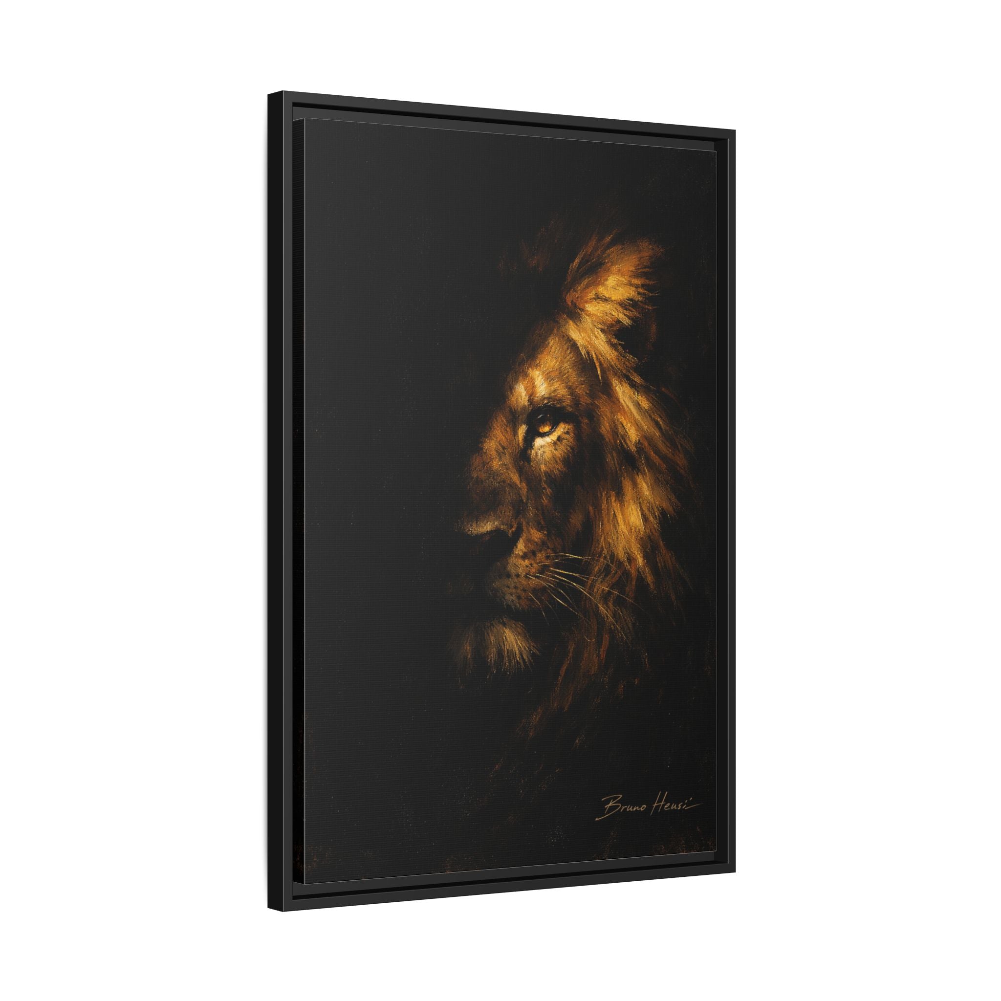 Majestic Lion Portrait Framed Canvas Wall Art — Golden Mane on Black Matte Print