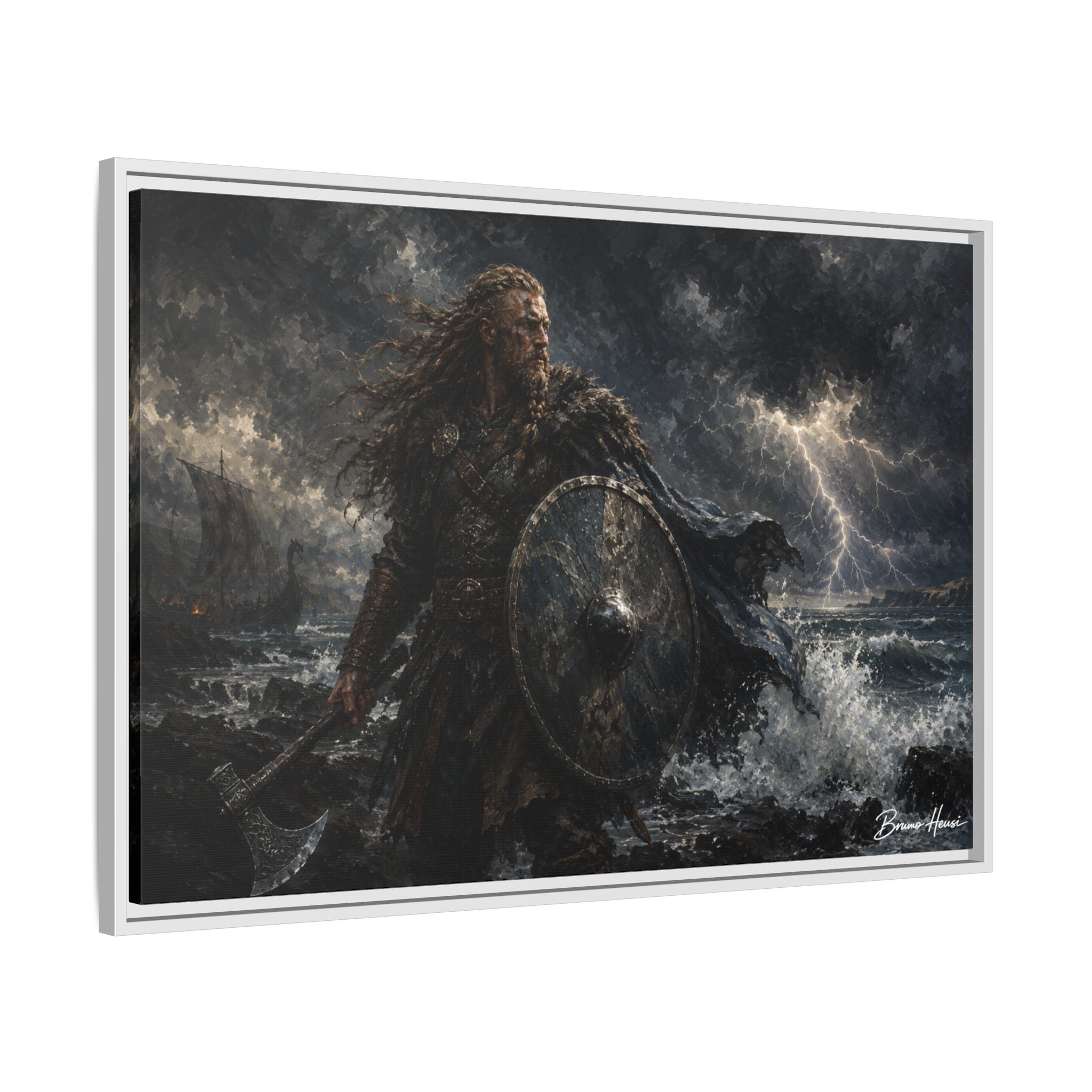 Viking Warrior Matte Framed Canvas Print — Stormy Norse Shield and Axe Wall Art