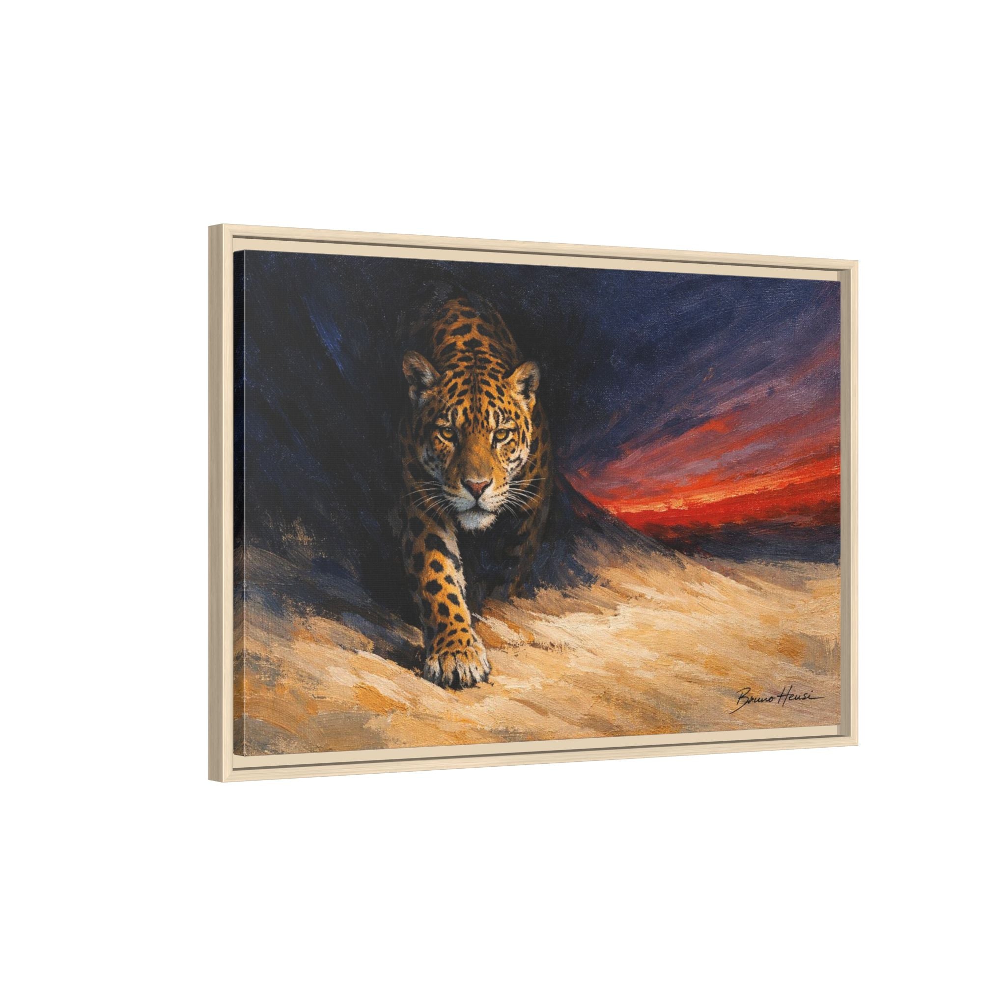Framed Jaguar Canvas Art – Majestic Big Cat Painting with Sunset Sky