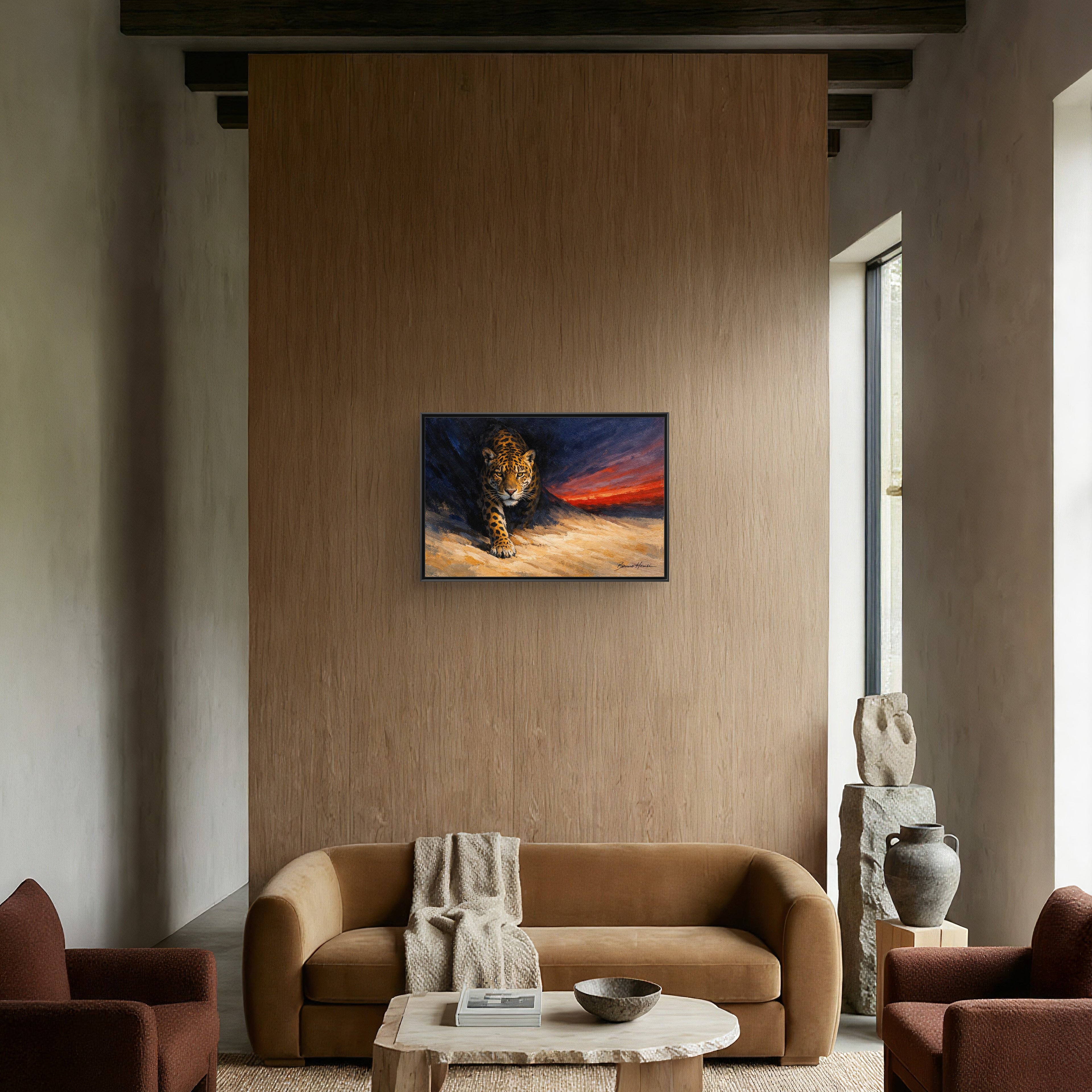 Framed Jaguar Canvas Art – Majestic Big Cat Painting with Sunset Sky