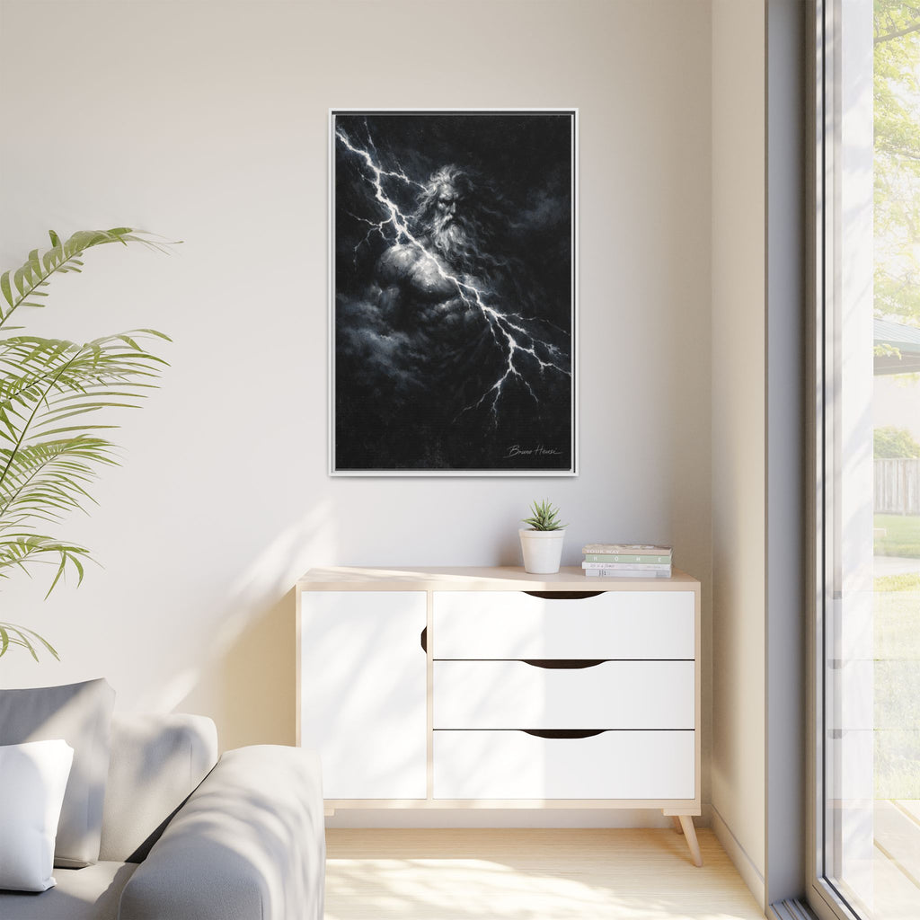 Zeus Lightning God Framed Canvas Wall Art — Stormy Mythology Print