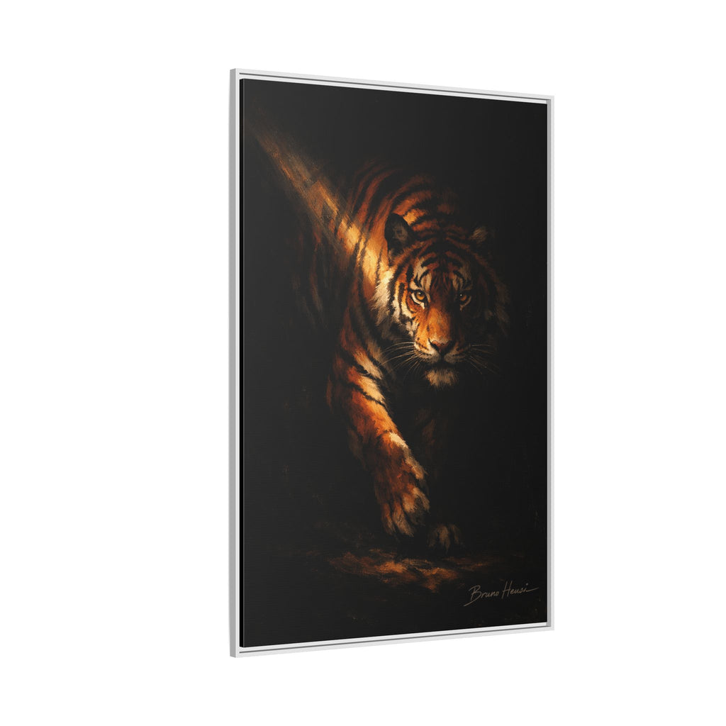 Tiger in the Shadows Matte Framed Canvas Print — Dramatic Wildlife Wall Art
