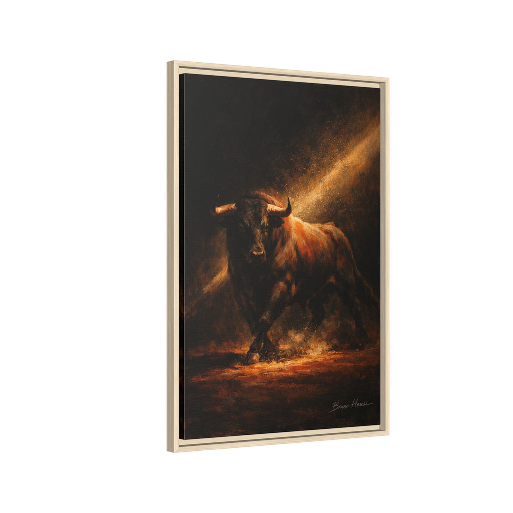 Framed Matte Canvas Art - Dramatic Charging Bull Painting
