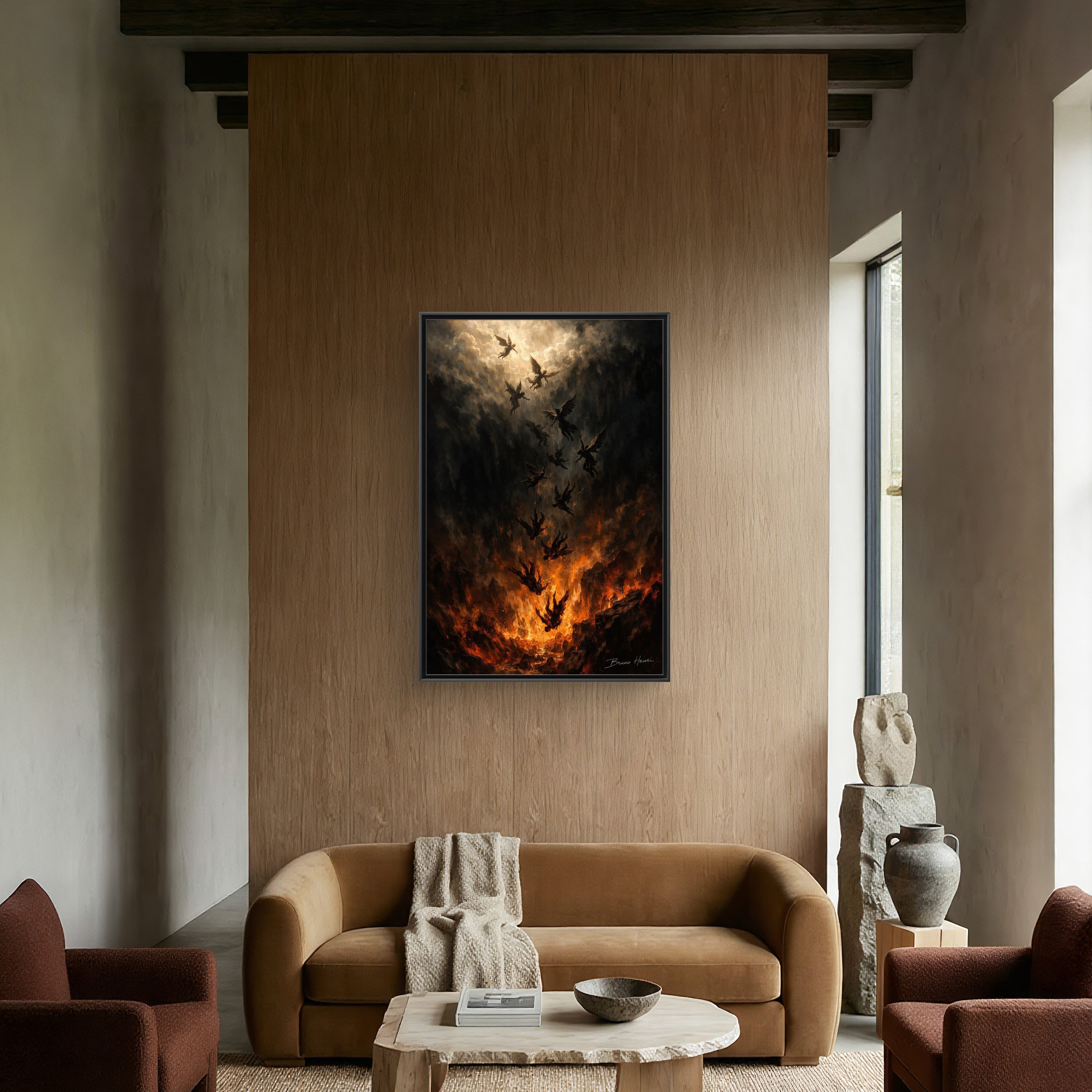 Falling Angels Matte Framed Canvas Print — Dark Fantasy Wall Art