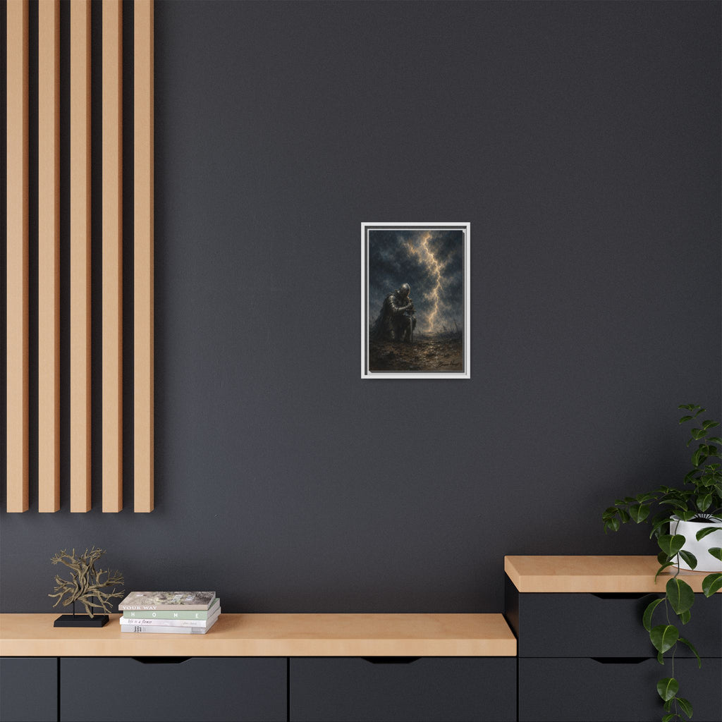 Knight in Thunderstorm Matte Framed Canvas — Dark Fantasy Wall Art