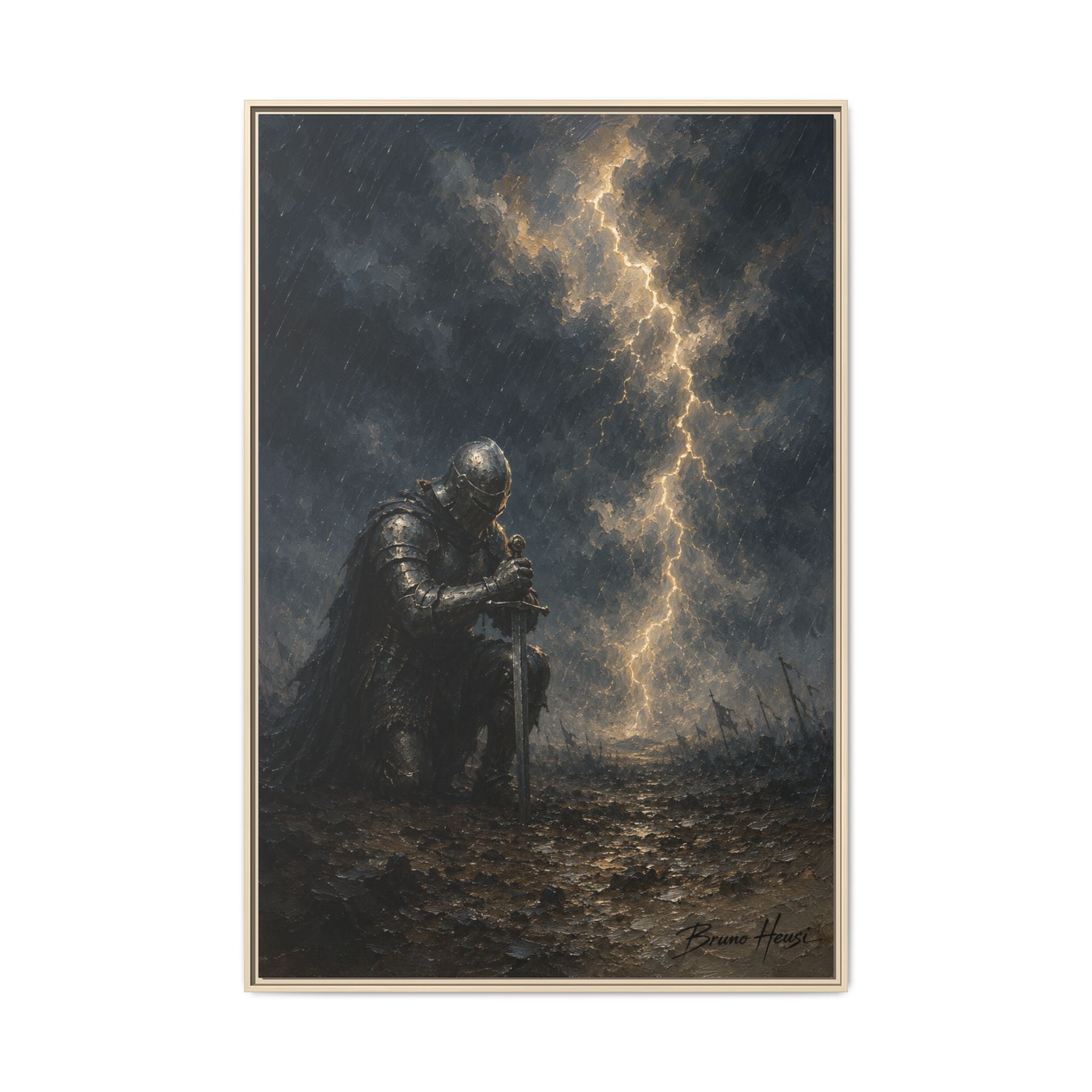 Knight in Thunderstorm Matte Framed Canvas — Dark Fantasy Wall Art