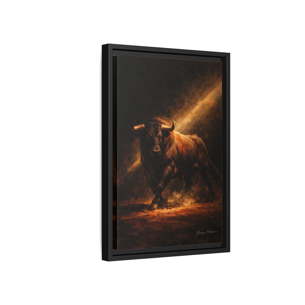 Framed Matte Canvas Art - Dramatic Charging Bull Painting