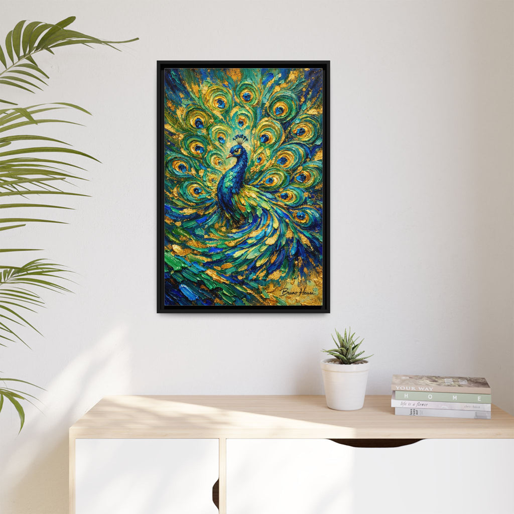 Peacock Oil-Style Framed Canvas Wall Art — Vibrant Blue & Gold Peacock Painting