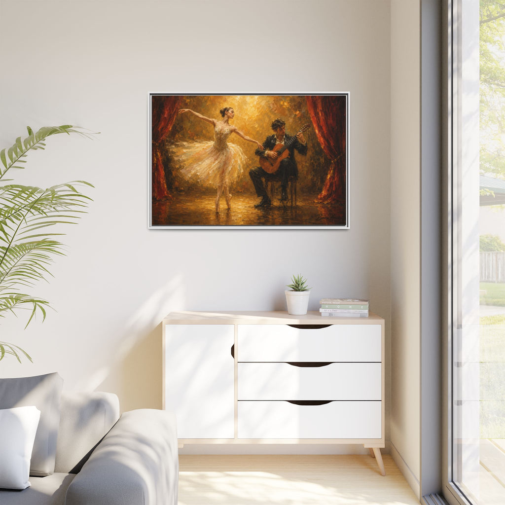 Ballet Dancer & Guitarist Framed Canvas Wall Art — Oil-Style Performance Print