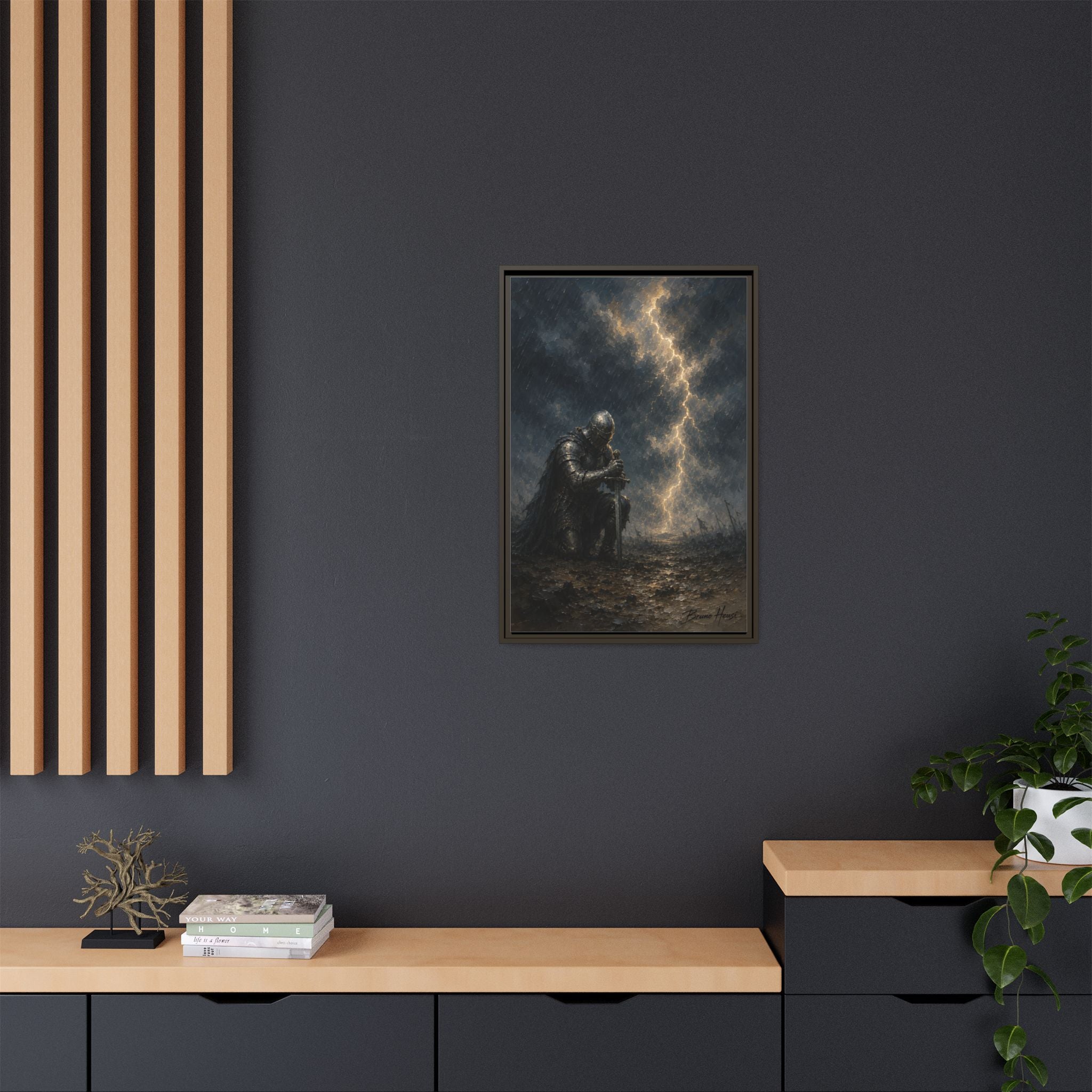 Knight in Thunderstorm Matte Framed Canvas — Dark Fantasy Wall Art