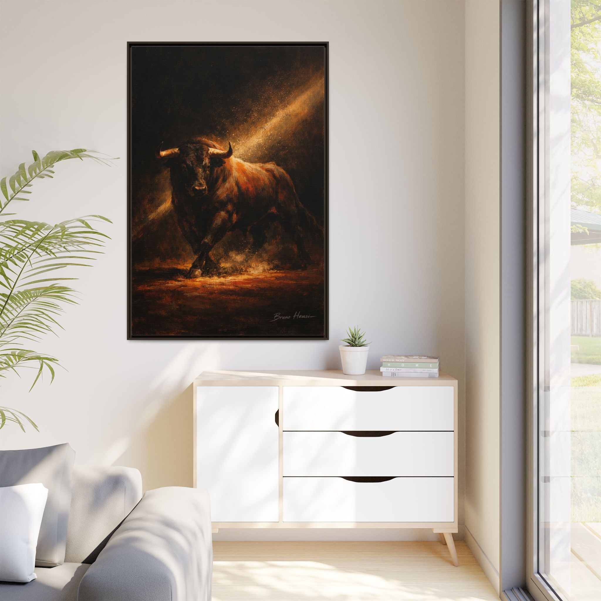 Framed Matte Canvas Art - Dramatic Charging Bull Painting