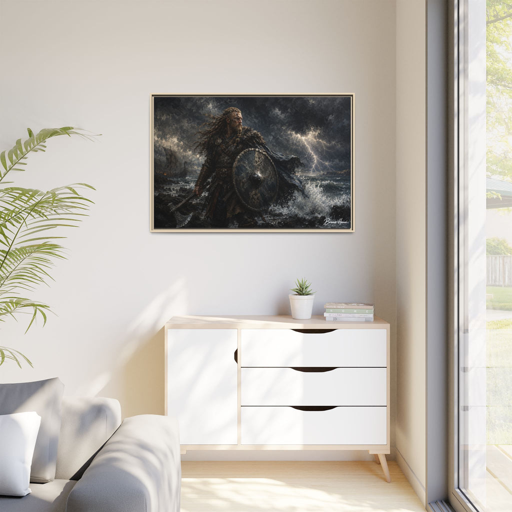 Viking Warrior Matte Framed Canvas Print — Stormy Norse Shield and Axe Wall Art