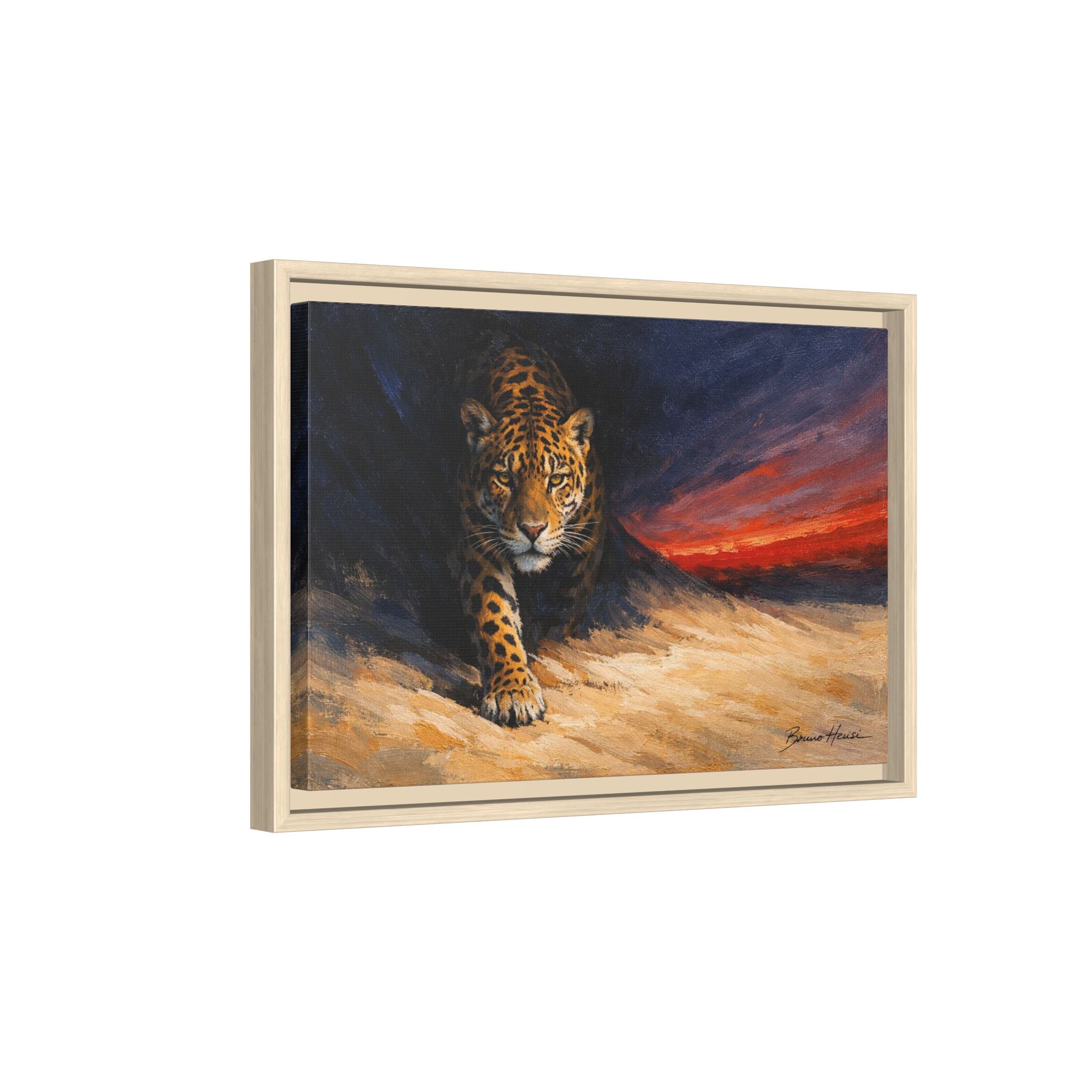Framed Jaguar Canvas Art – Majestic Big Cat Painting with Sunset Sky
