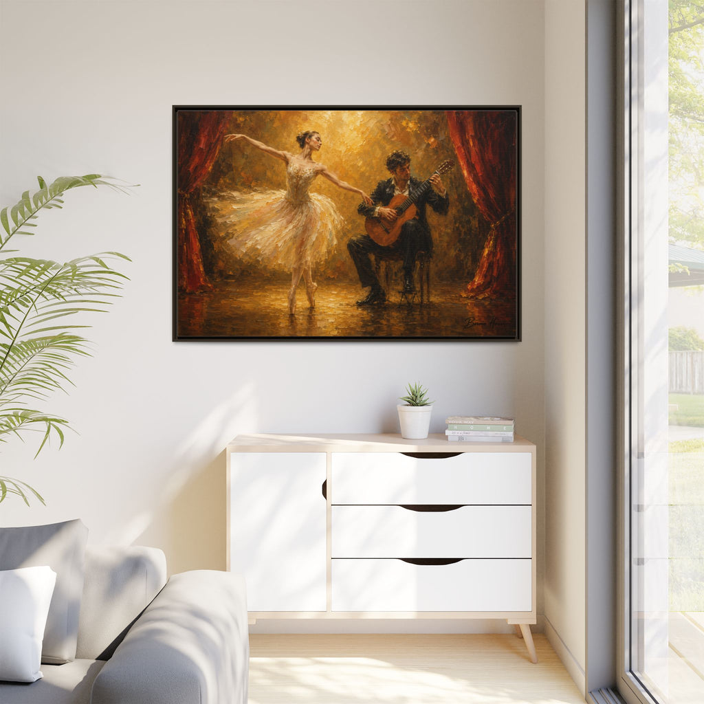 Ballet Dancer & Guitarist Framed Canvas Wall Art — Oil-Style Performance Print