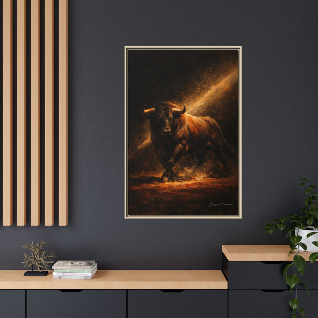 Framed Matte Canvas Art - Dramatic Charging Bull Painting