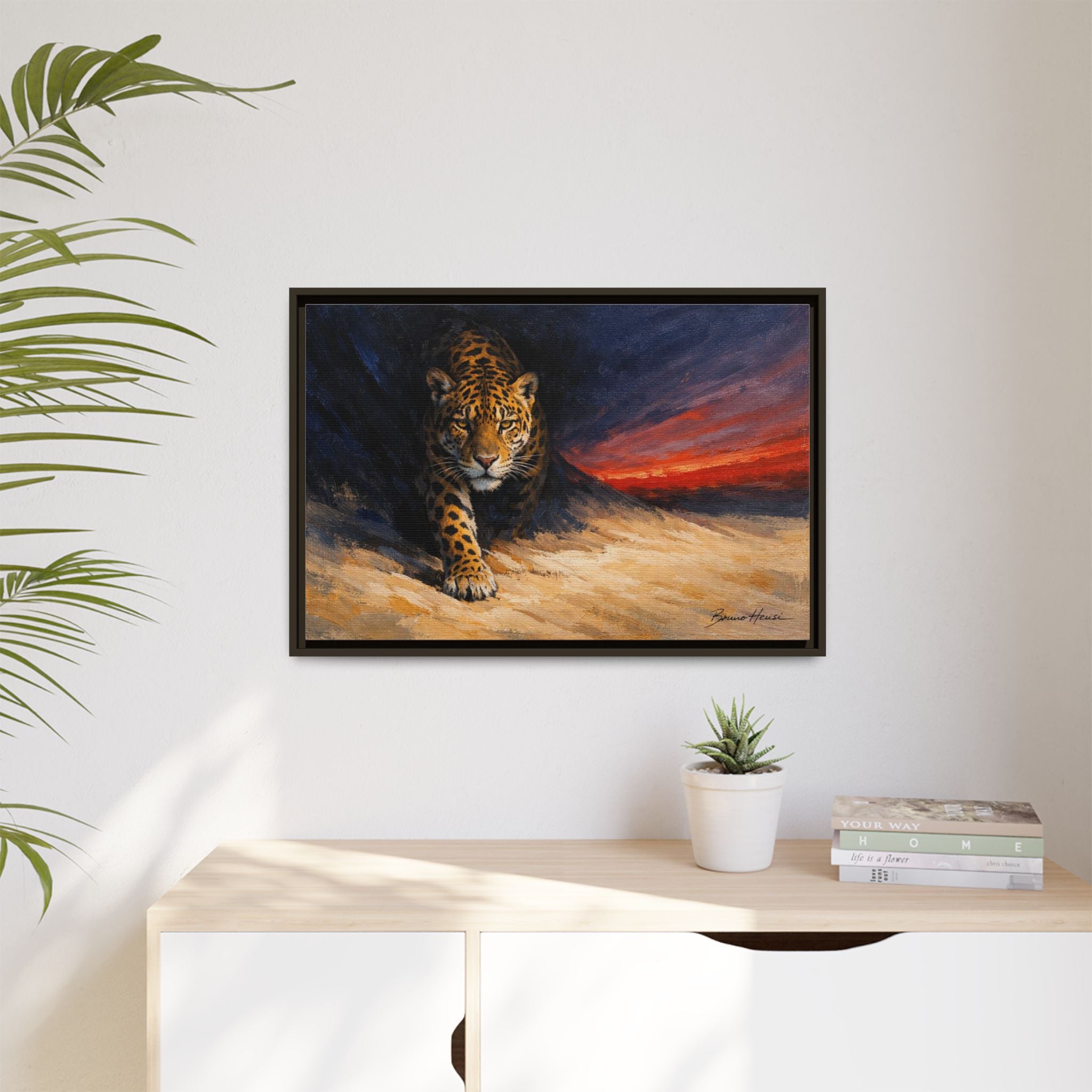 Framed Jaguar Canvas Art – Majestic Big Cat Painting with Sunset Sky