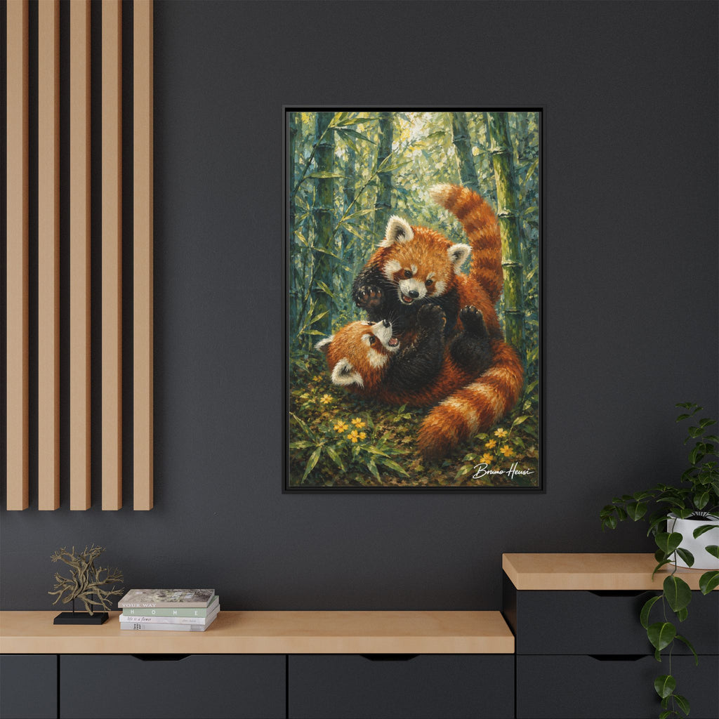 Red Panda Playtime Framed Canvas Wall Art — Playful Wildlife Print