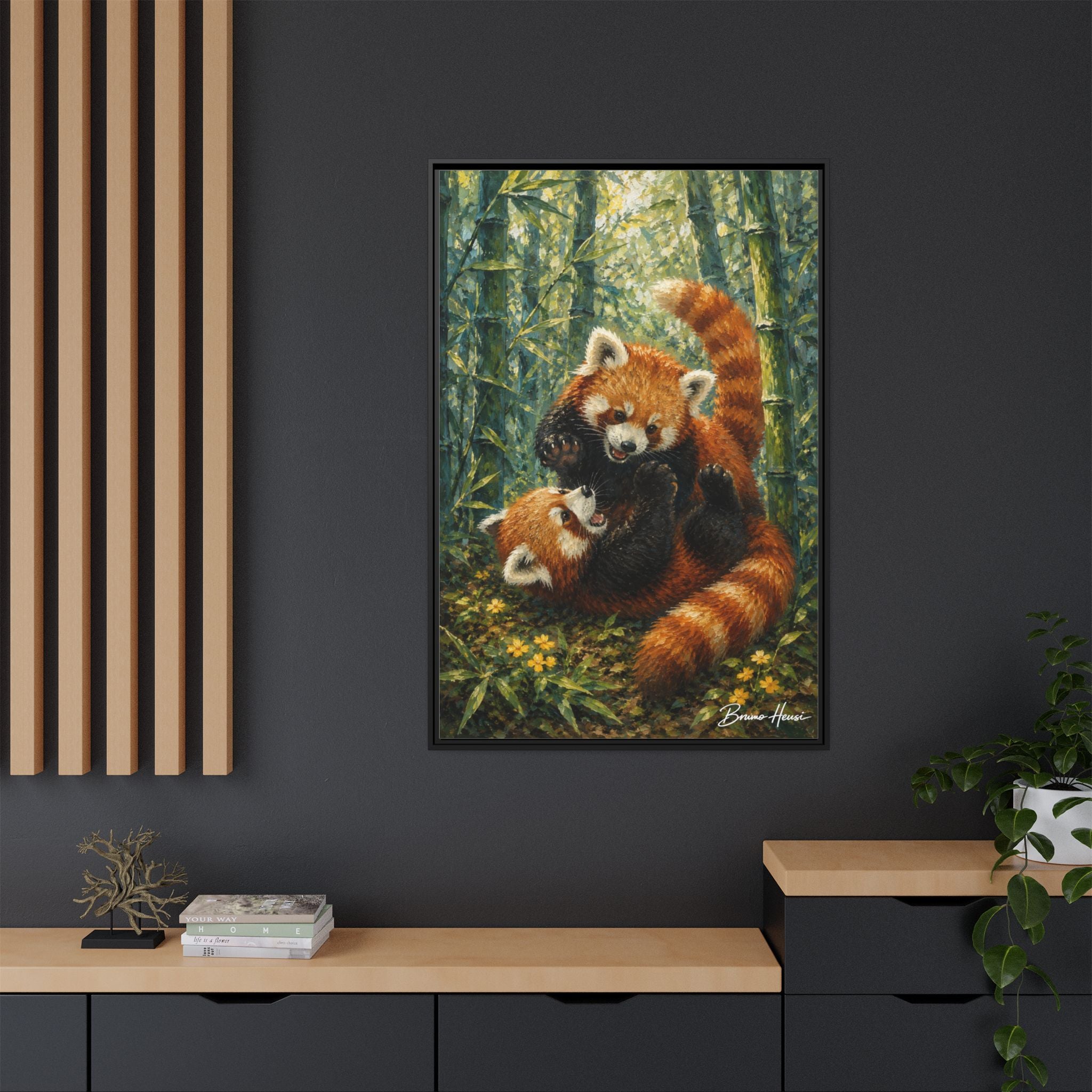 Red Panda Playtime Framed Canvas Wall Art — Playful Wildlife Print