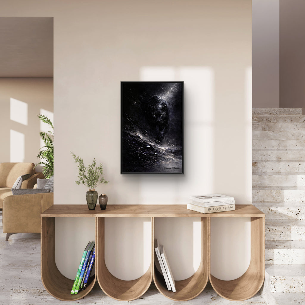 Cosmic Black Panther Matte Framed Canvas – Dark Abstract Wildlife Wall Art