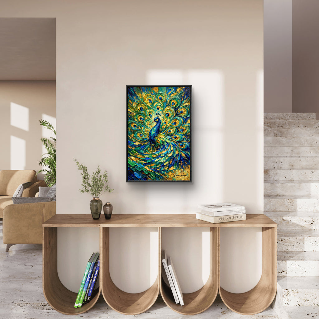 Peacock Oil-Style Framed Canvas Wall Art — Vibrant Blue & Gold Peacock Painting