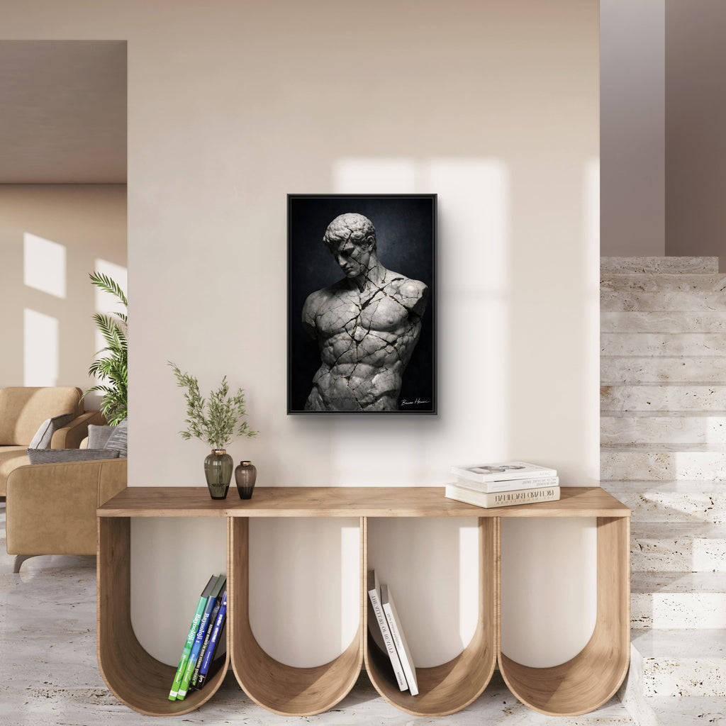 Cracked Marble Bust Framed Canvas Wall Art — Classical Sculpture Print