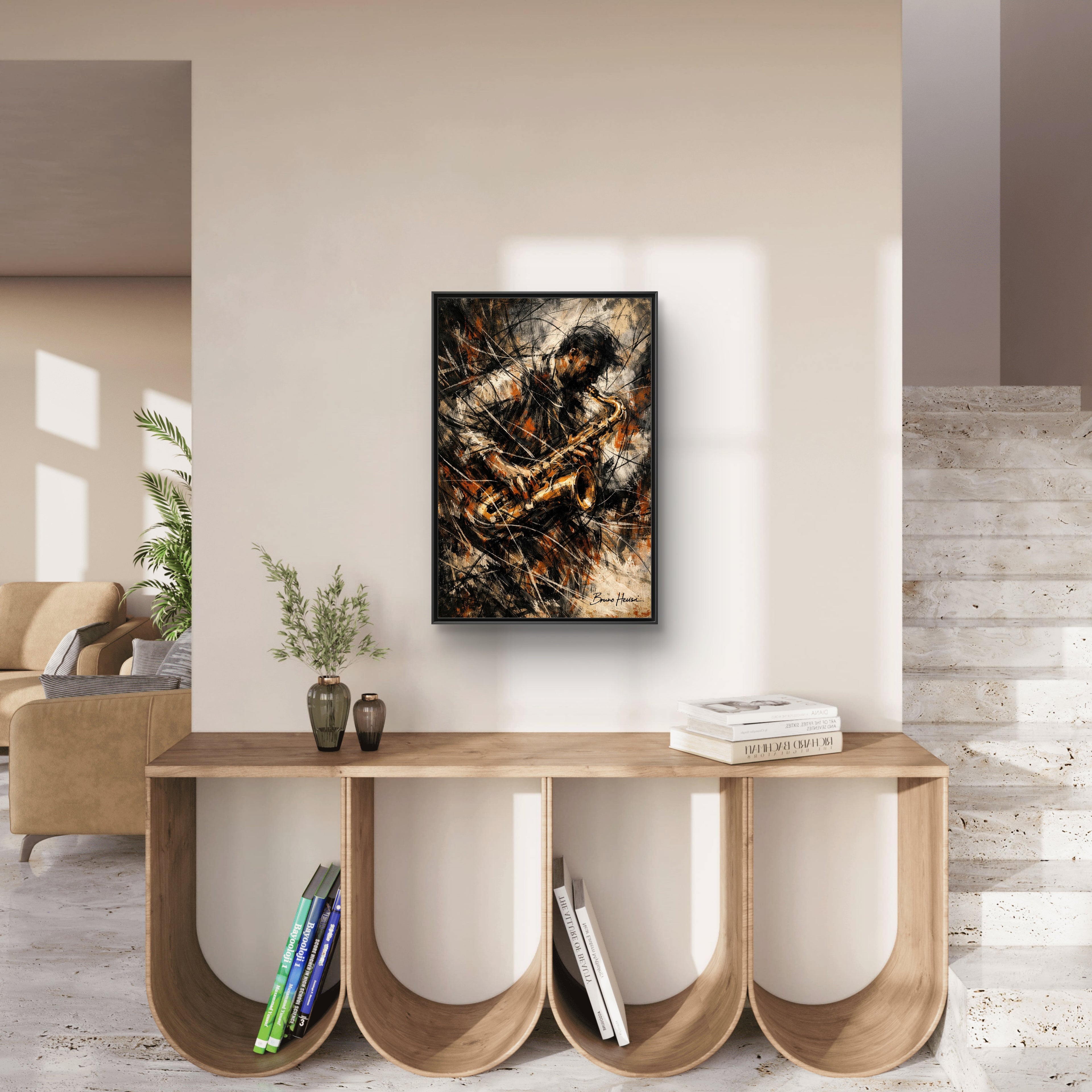 Saxophone Jazz Musician Framed Canvas Wall Art — Abstract Music Print