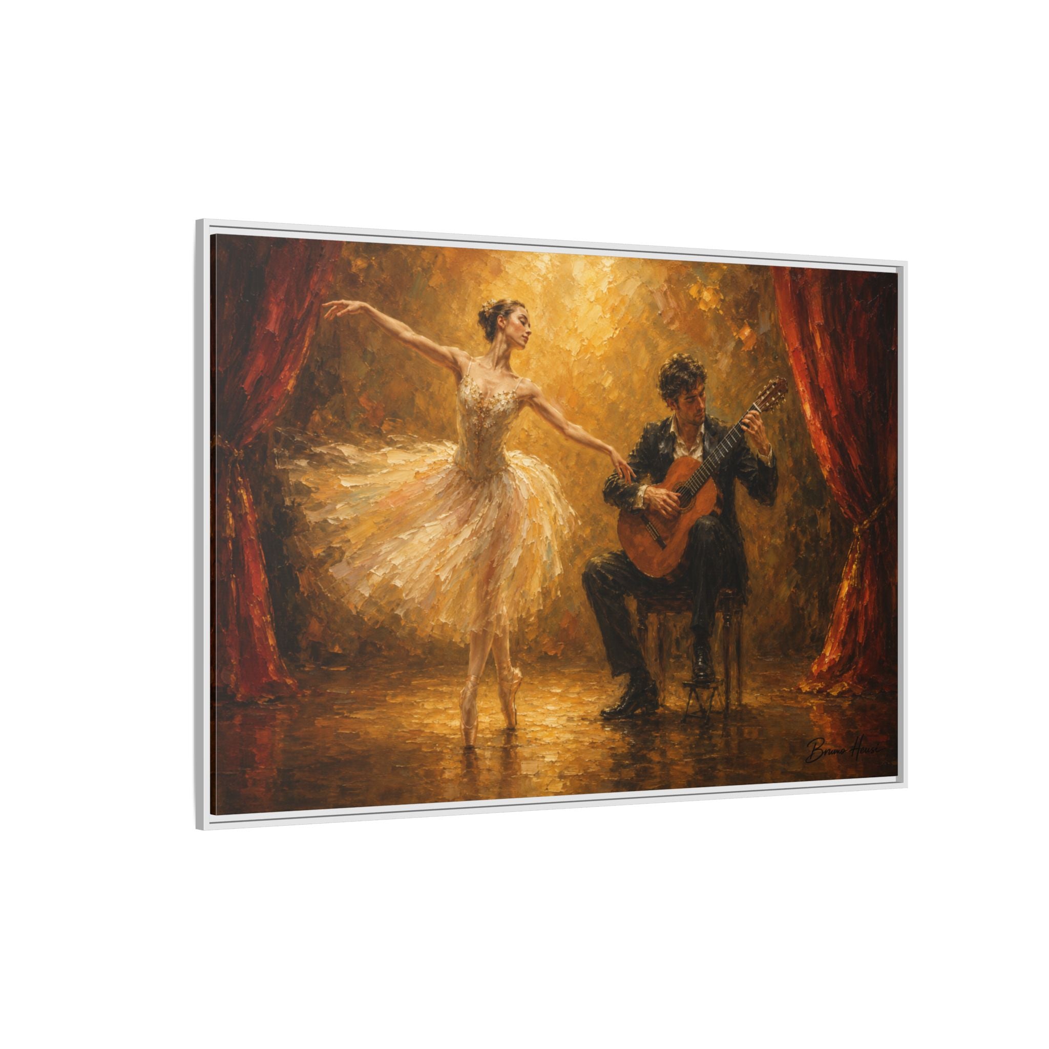 Ballet Dancer & Guitarist Framed Canvas Wall Art — Oil-Style Performance Print