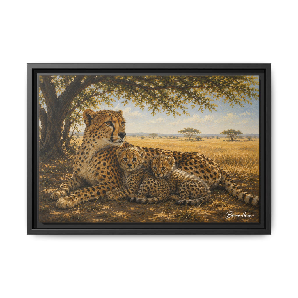 Cheetah Mother & Cubs Framed Canvas Wall Art – African Wildlife Safari Print