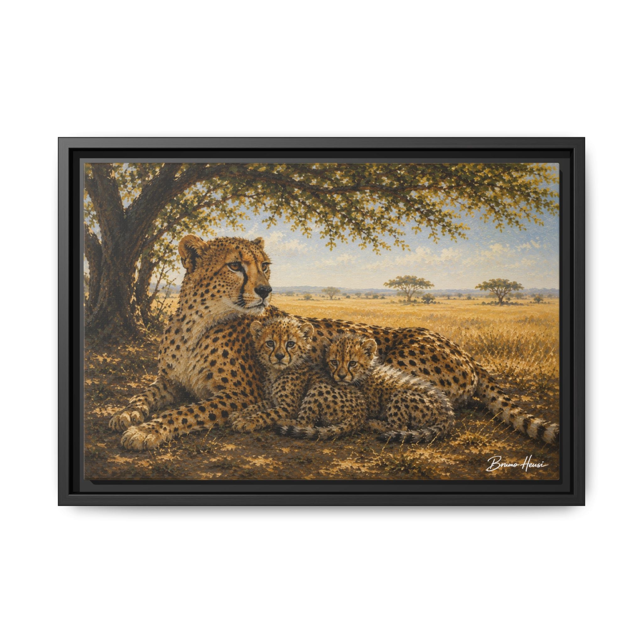 Cheetah Mother & Cubs Framed Canvas Wall Art – African Wildlife Safari Print