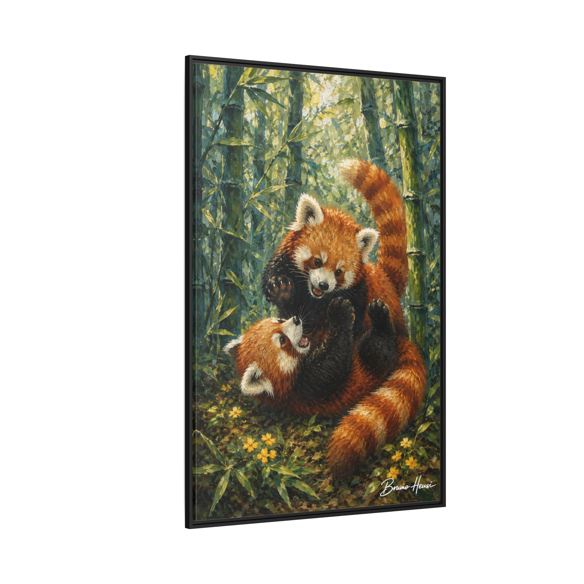 Red Panda Playtime Framed Canvas Wall Art — Playful Wildlife Print