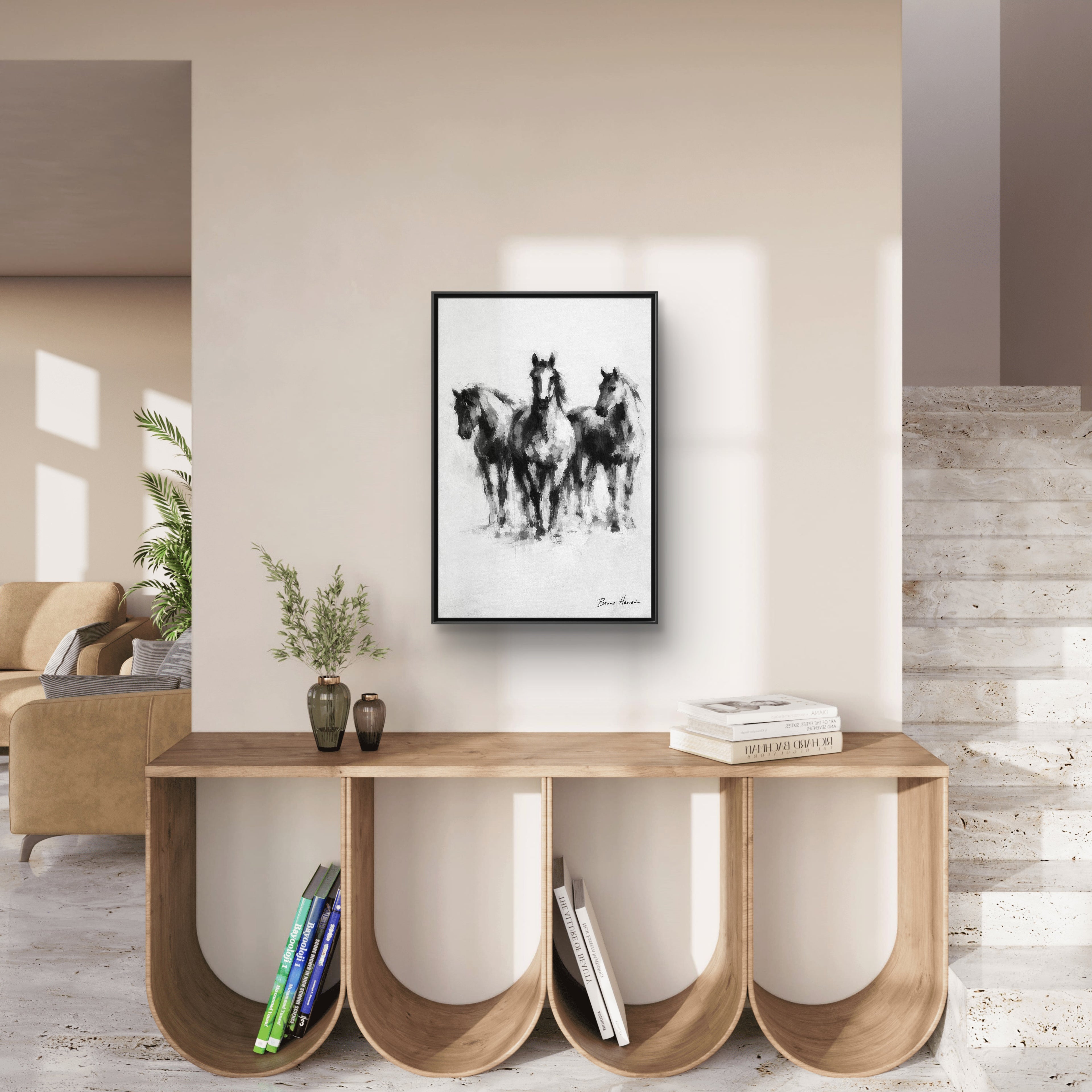 Framed Matte Canvas Print – Three Galloping Horses Black & White Wall Art