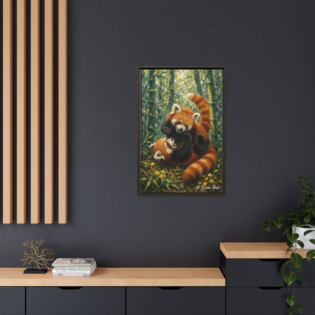 Red Panda Playtime Framed Canvas Wall Art — Playful Wildlife Print